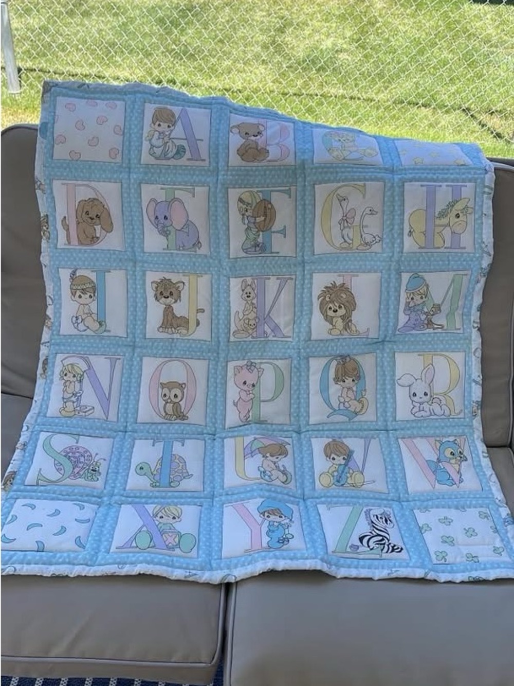 Precious Moments Alphabet Animal Quilted Baby Blanket Blue Trim Reversible